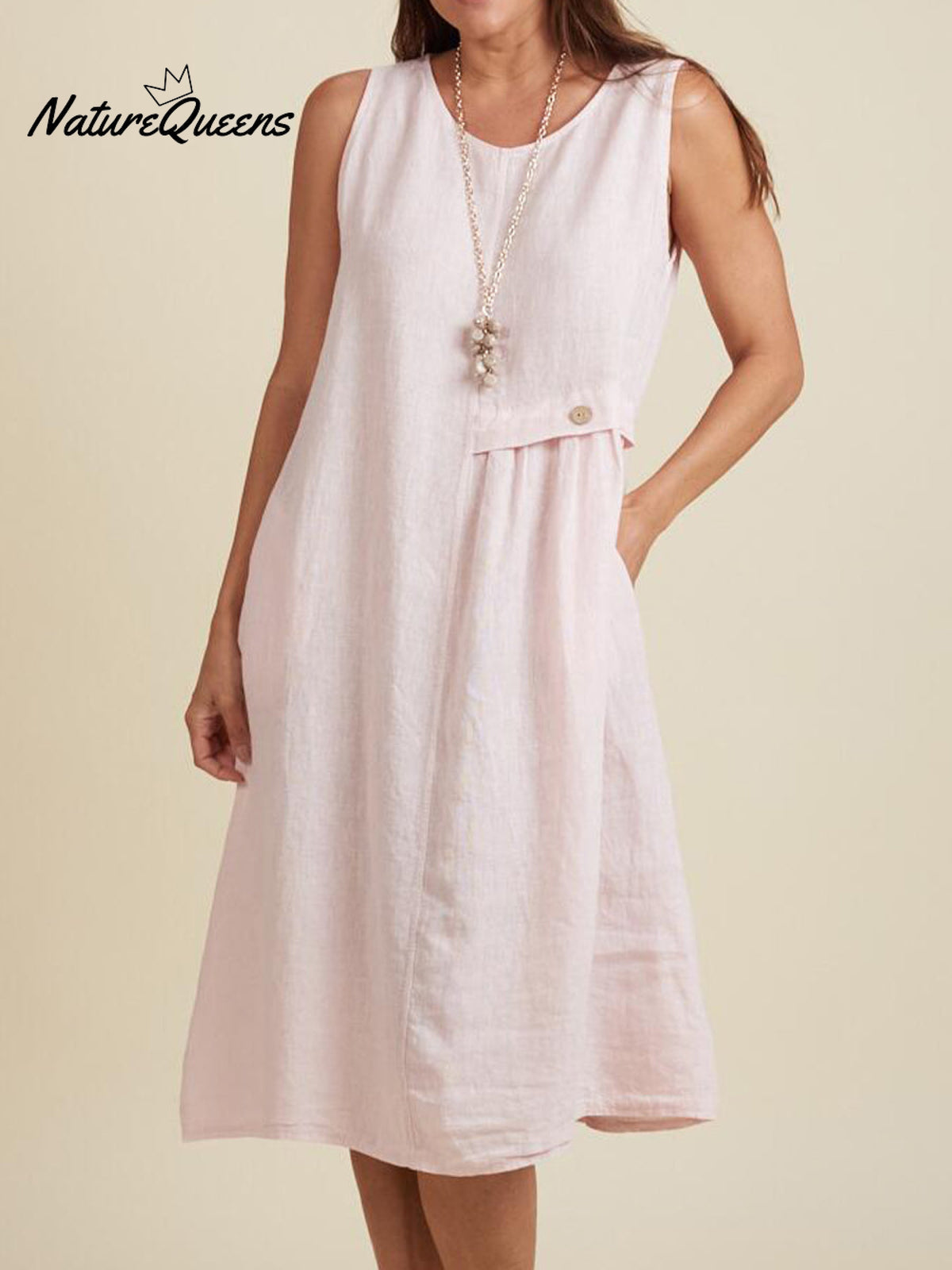 Women's Round Neck Pocket Cotton and Linen Dress