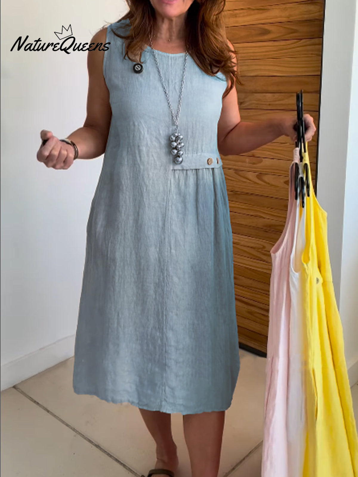 Women's Round Neck Pocket Cotton and Linen Dress