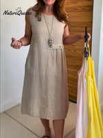 Women's Round Neck Pocket Cotton and Linen Dress