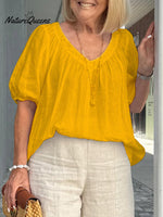 Women's V Neck Casual Cotton And Linen Shirt