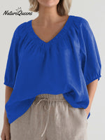 Women's V Neck Casual Cotton And Linen Shirt
