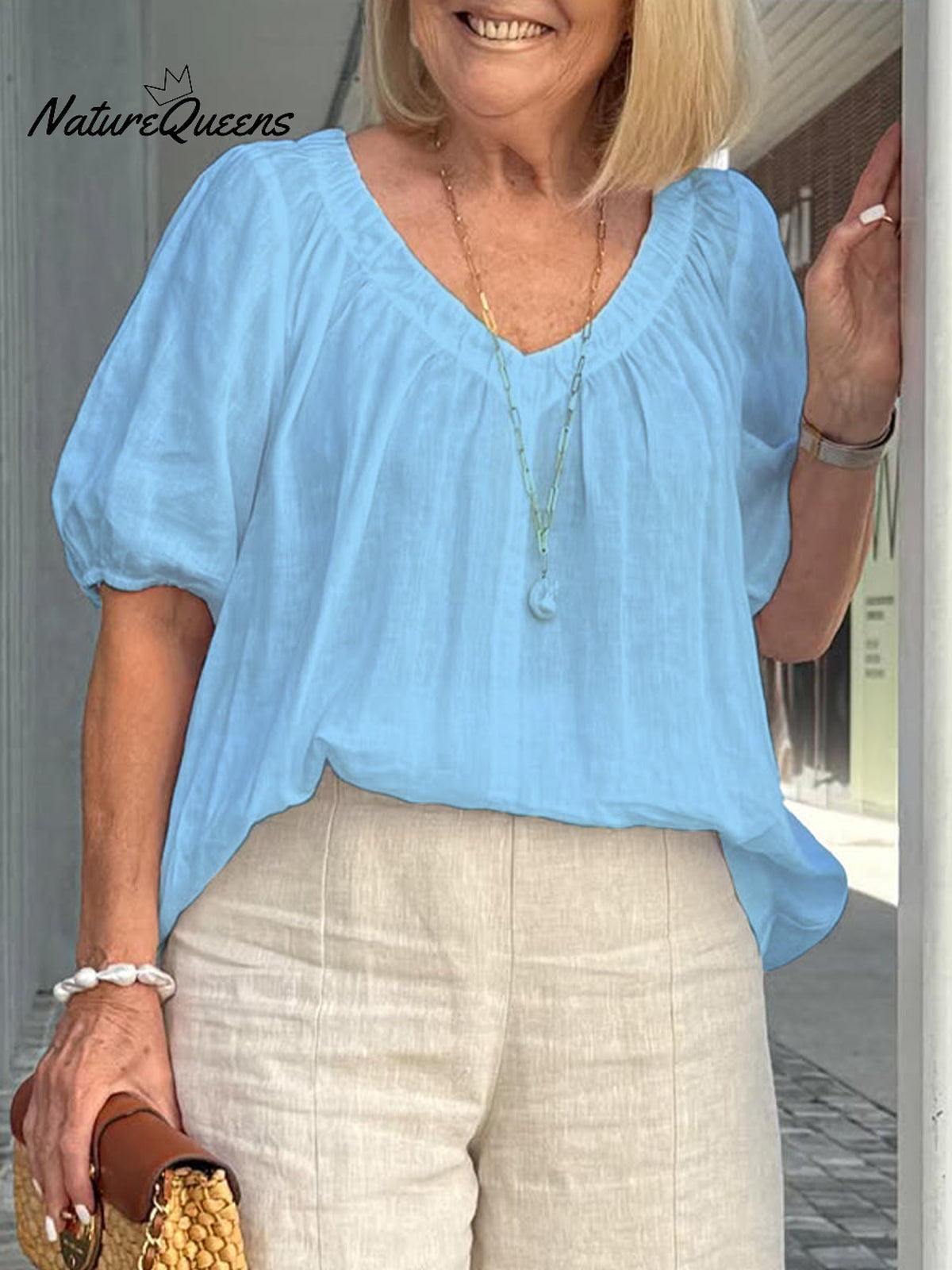 Women's V Neck Casual Cotton And Linen Shirt