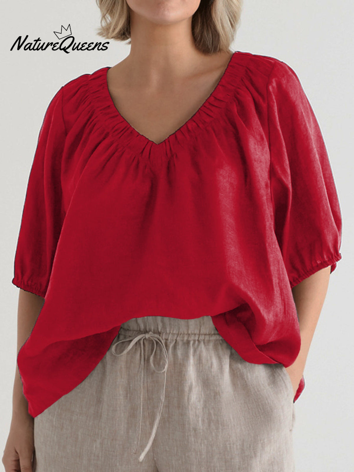 Women's V Neck Casual Cotton And Linen Shirt