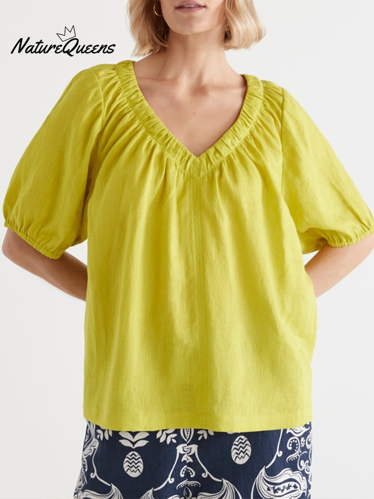 Women's V Neck Casual Cotton And Linen Shirt