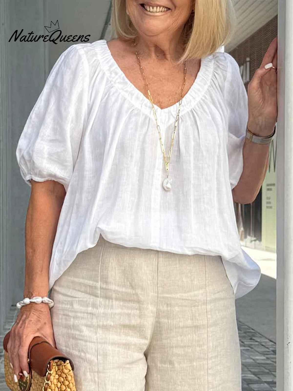 Women's V Neck Casual Cotton And Linen Shirt