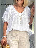 Women's V Neck Casual Cotton And Linen Shirt