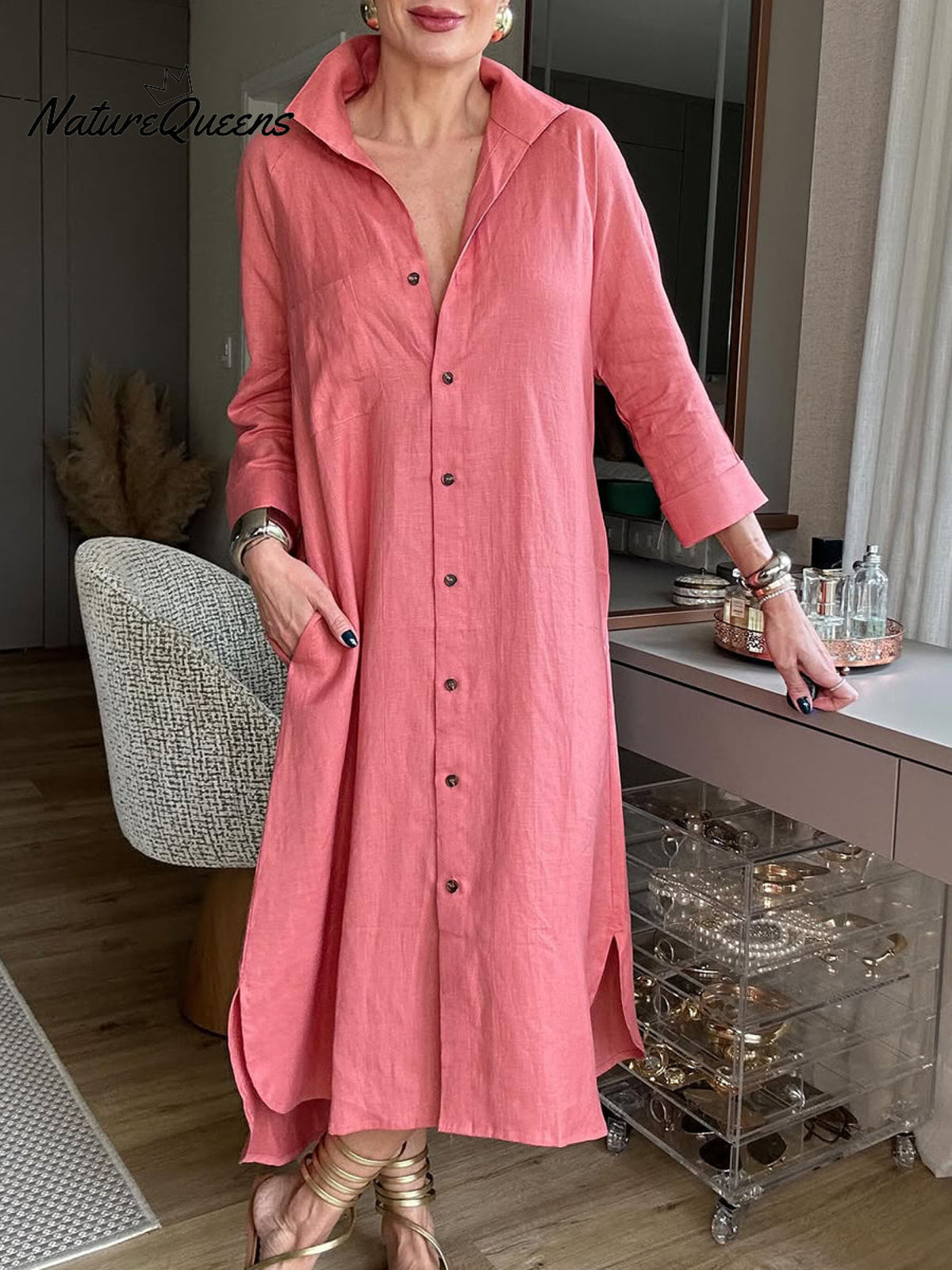 Women's Cotton and Linen Shirt Dress