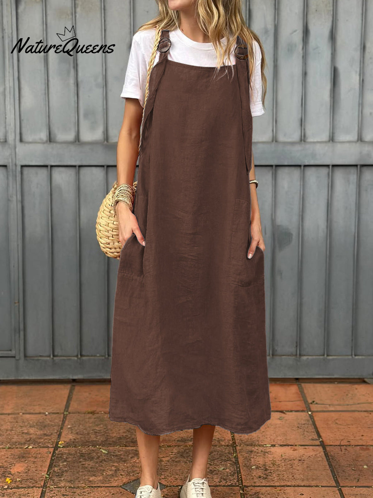 Women's Adjustable Shoulder Strap Pocket Cotton and Linen Dress