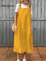 Women's Adjustable Shoulder Strap Pocket Cotton and Linen Dress