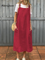 Women's Adjustable Shoulder Strap Pocket Cotton and Linen Dress