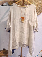 Women's Casual Cotton and Linen Round-neck Shirt