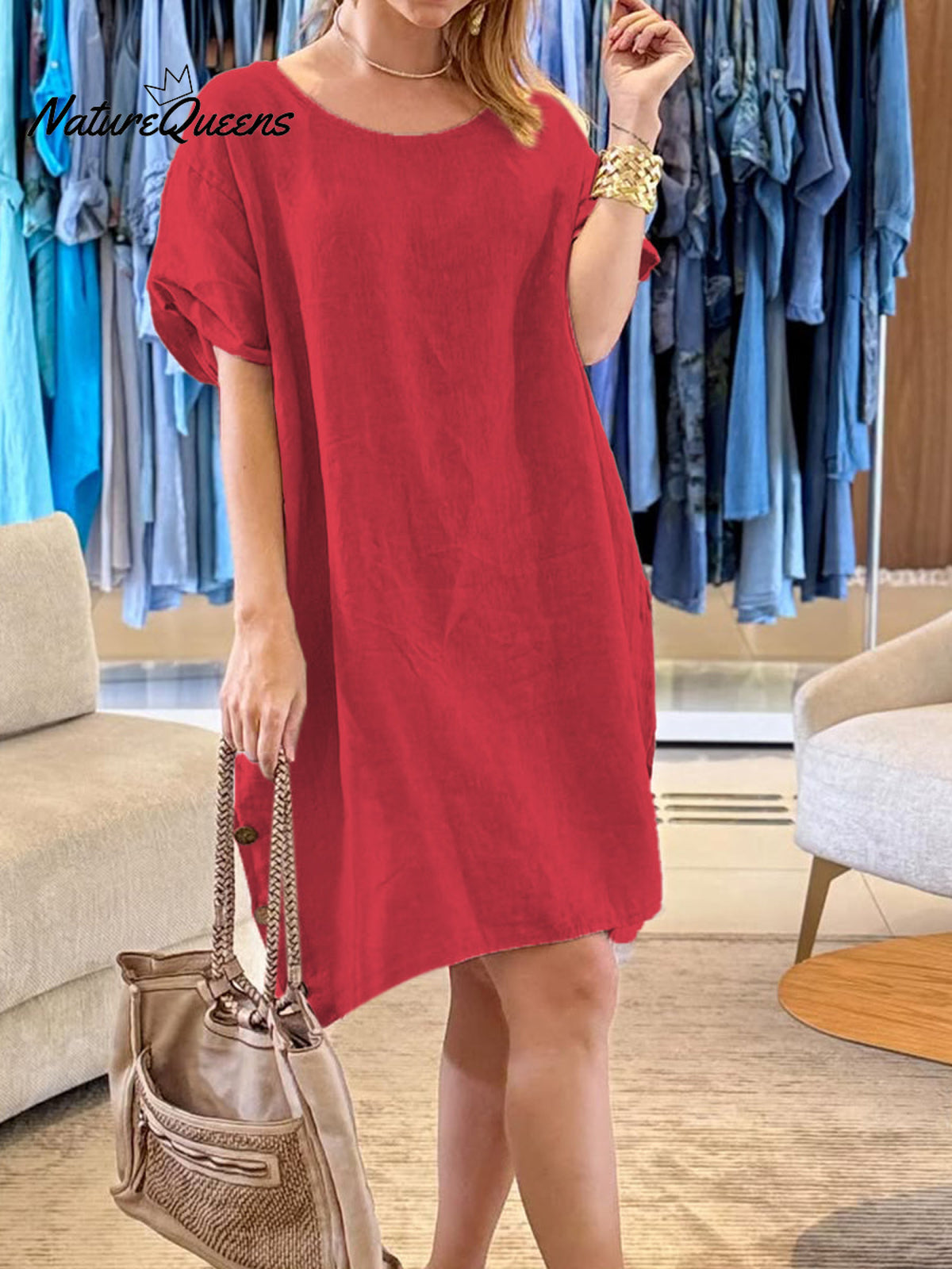 Women's Button Pocket Cotton and Linen Dress