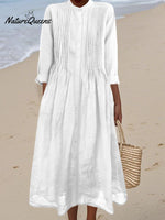 Women's Pleated Cotton and Ramie Long-sleeved Dress