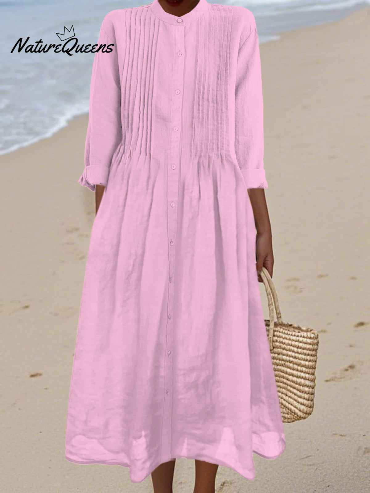 Women's Pleated Cotton and Ramie Long-sleeved Dress