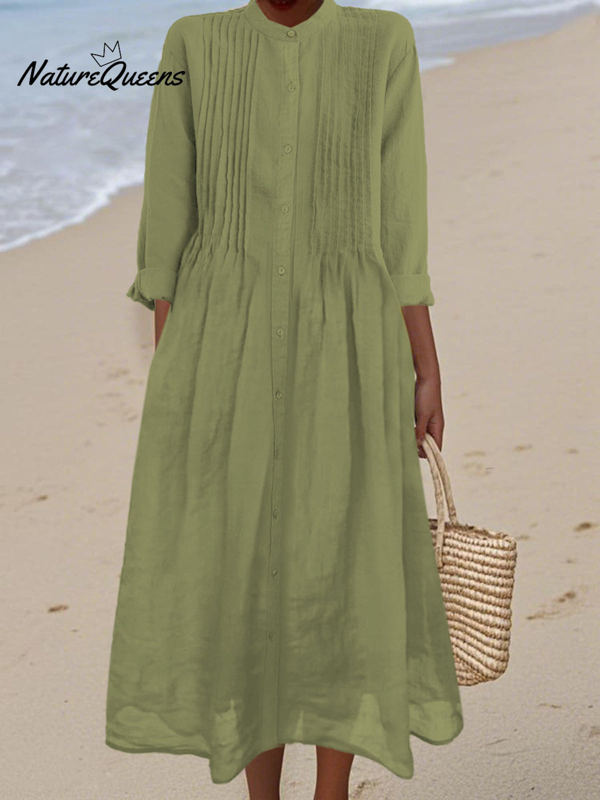 Women's Pleated Cotton and Ramie Long-sleeved Dress