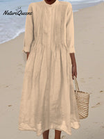 Women's Pleated Cotton and Ramie Long-sleeved Dress