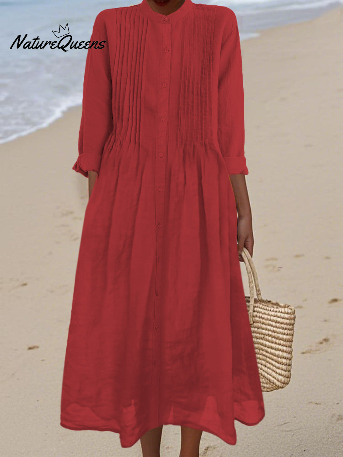 Women's Pleated Cotton and Ramie Long-sleeved Dress