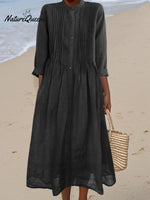 Women's Pleated Cotton and Ramie Long-sleeved Dress