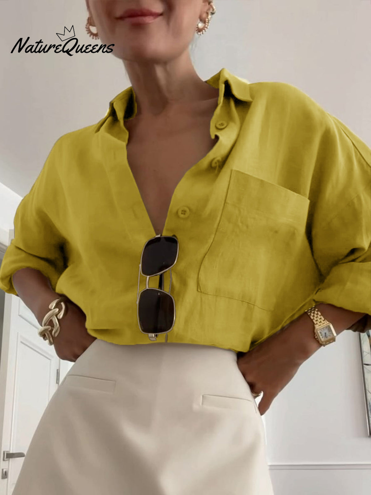 Women's Long Sleeve Cotton and Linen Shirt