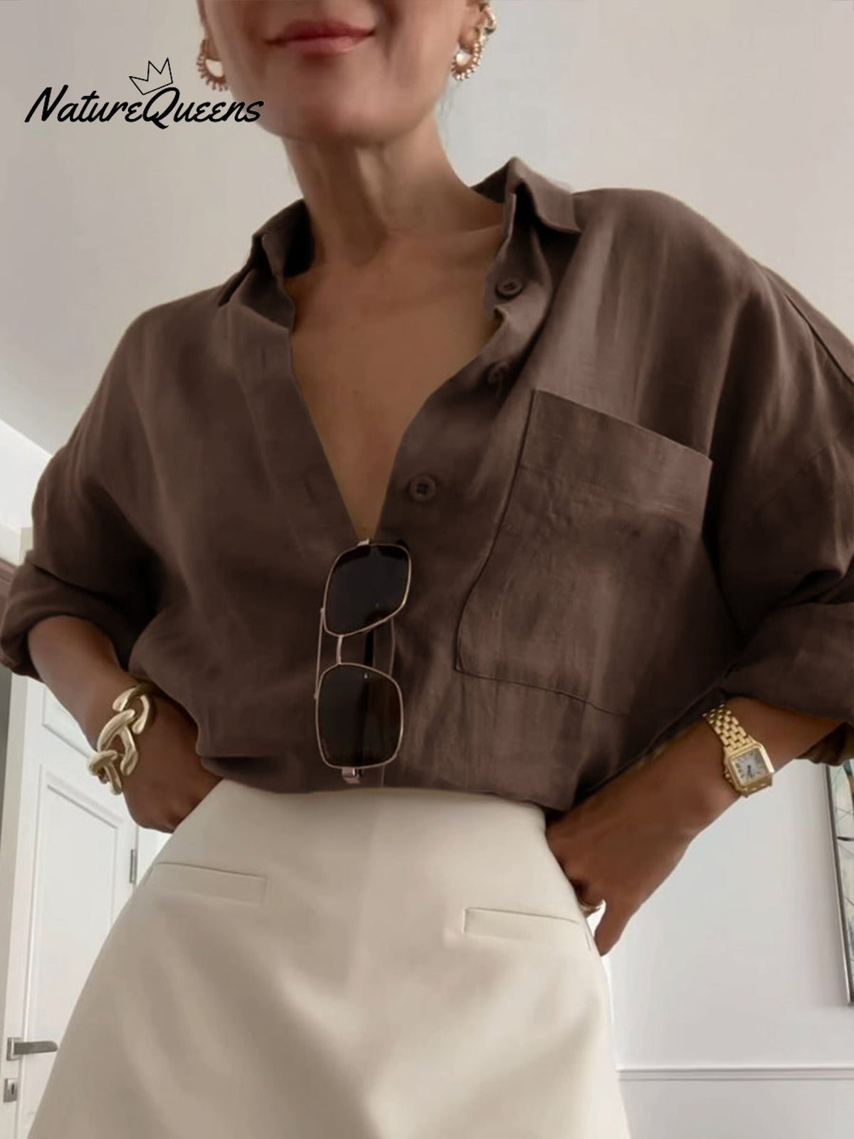 Women's Long Sleeve Cotton and Linen Shirt