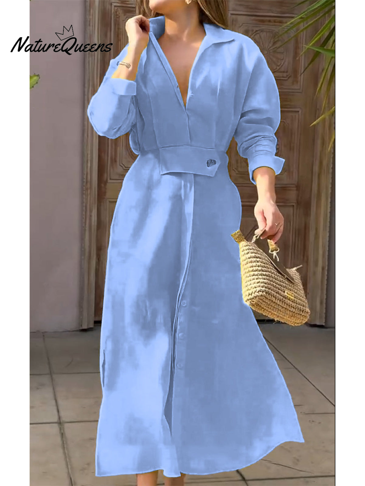 Women's Waisted Linen Cotton Long Sleeve Dress