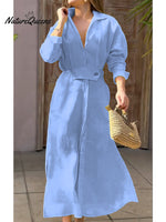 Women's Waisted Linen Cotton Long Sleeve Dress