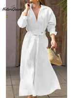 Women's Waisted Linen Cotton Long Sleeve Dress