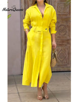 Women's Waisted Linen Cotton Long Sleeve Dress