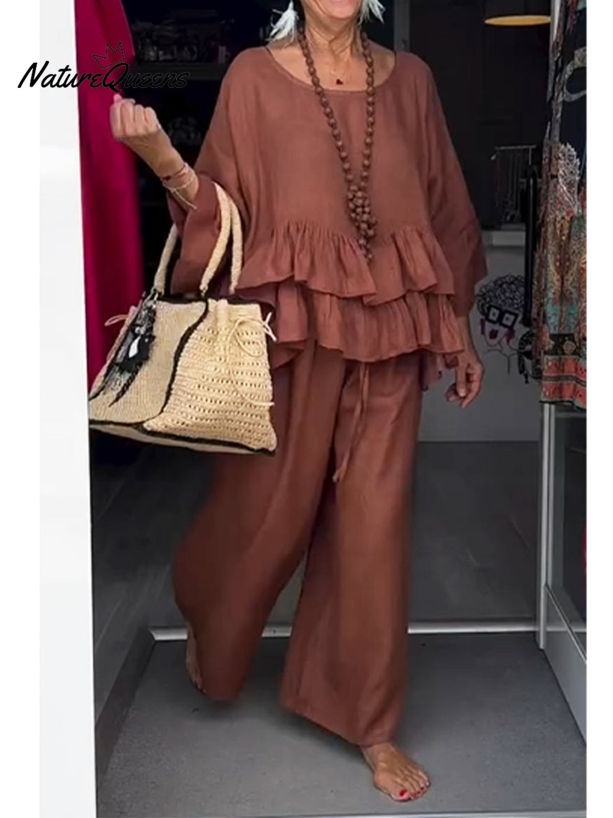 Women's Cotton and Linen Ruffled Round Neck Top and Pants Two-piece Set