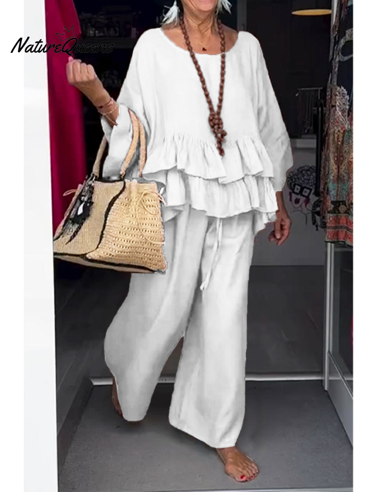 Women's Cotton and Linen Ruffled Round Neck Top and Pants Two-piece Set