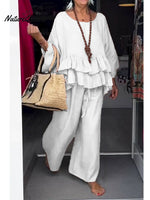 Women's Cotton and Linen Ruffled Round Neck Top and Pants Two-piece Set