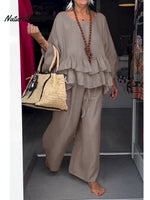 Women's Cotton and Linen Ruffled Round Neck Top and Pants Two-piece Set
