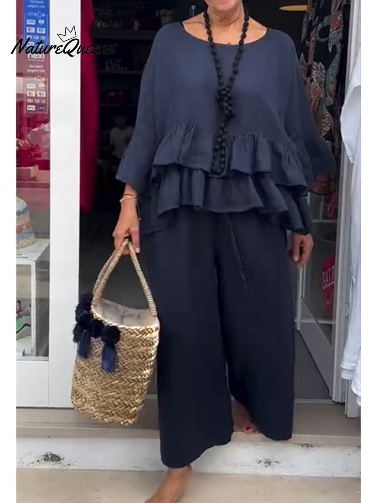 Women's Cotton and Linen Ruffled Round Neck Top and Pants Two-piece Set