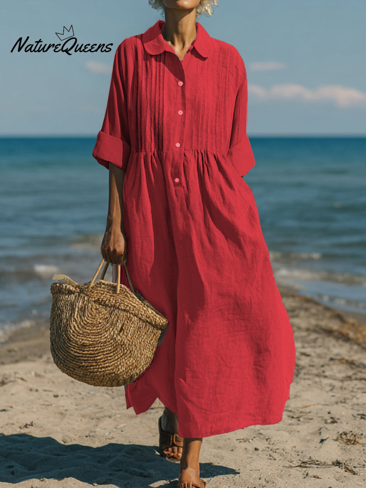 Women's Casual Linen Cotton Pleated Pocket 3/4 Sleeve Dress