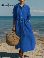 Women's Casual Linen Cotton Pleated Pocket Long Sleeve Dress