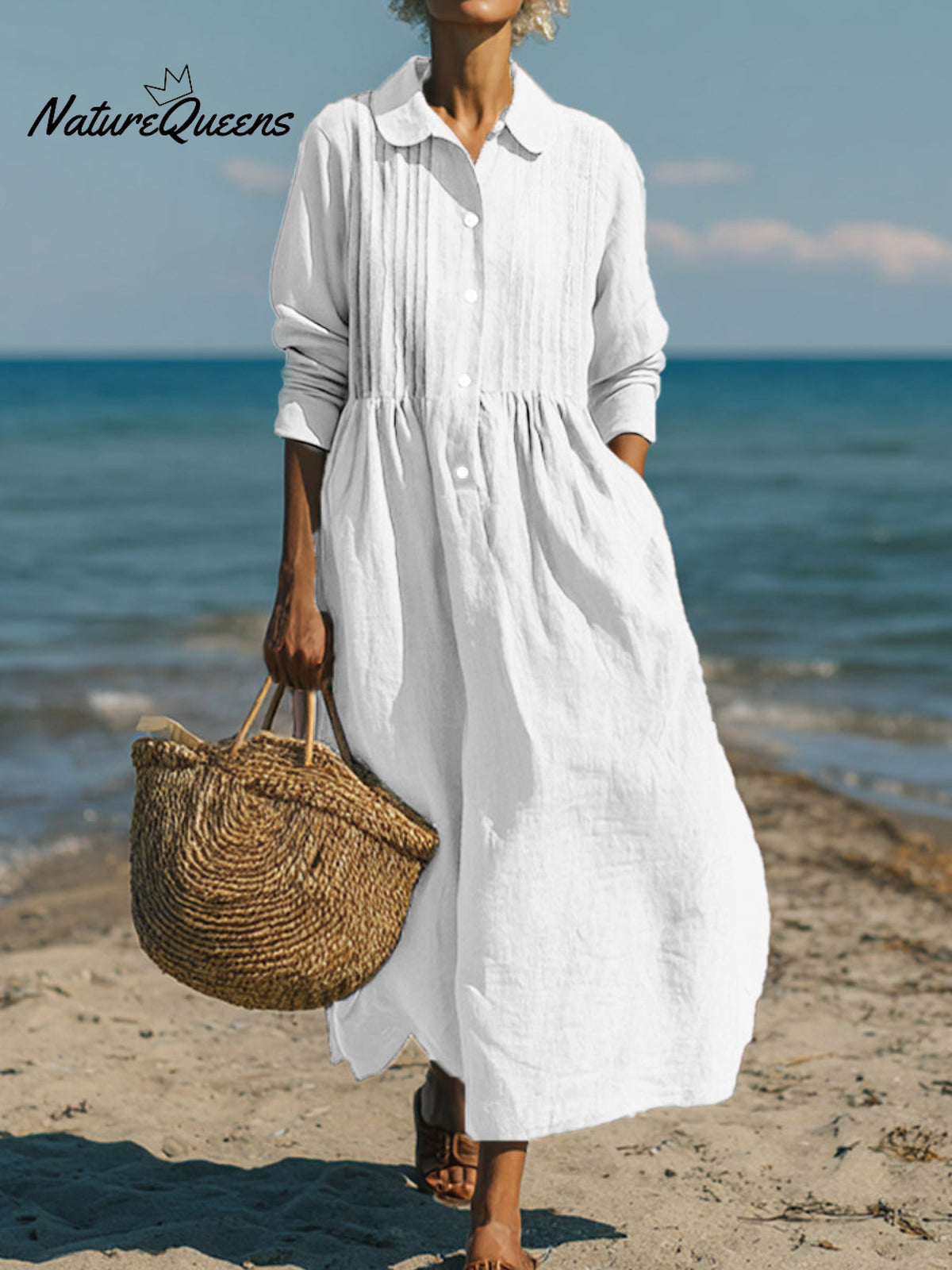 Women's Casual Linen Cotton Pleated Pocket Long Sleeve Dress