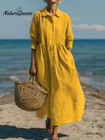 Women's Casual Linen Cotton Pleated Pocket Long Sleeve Dress