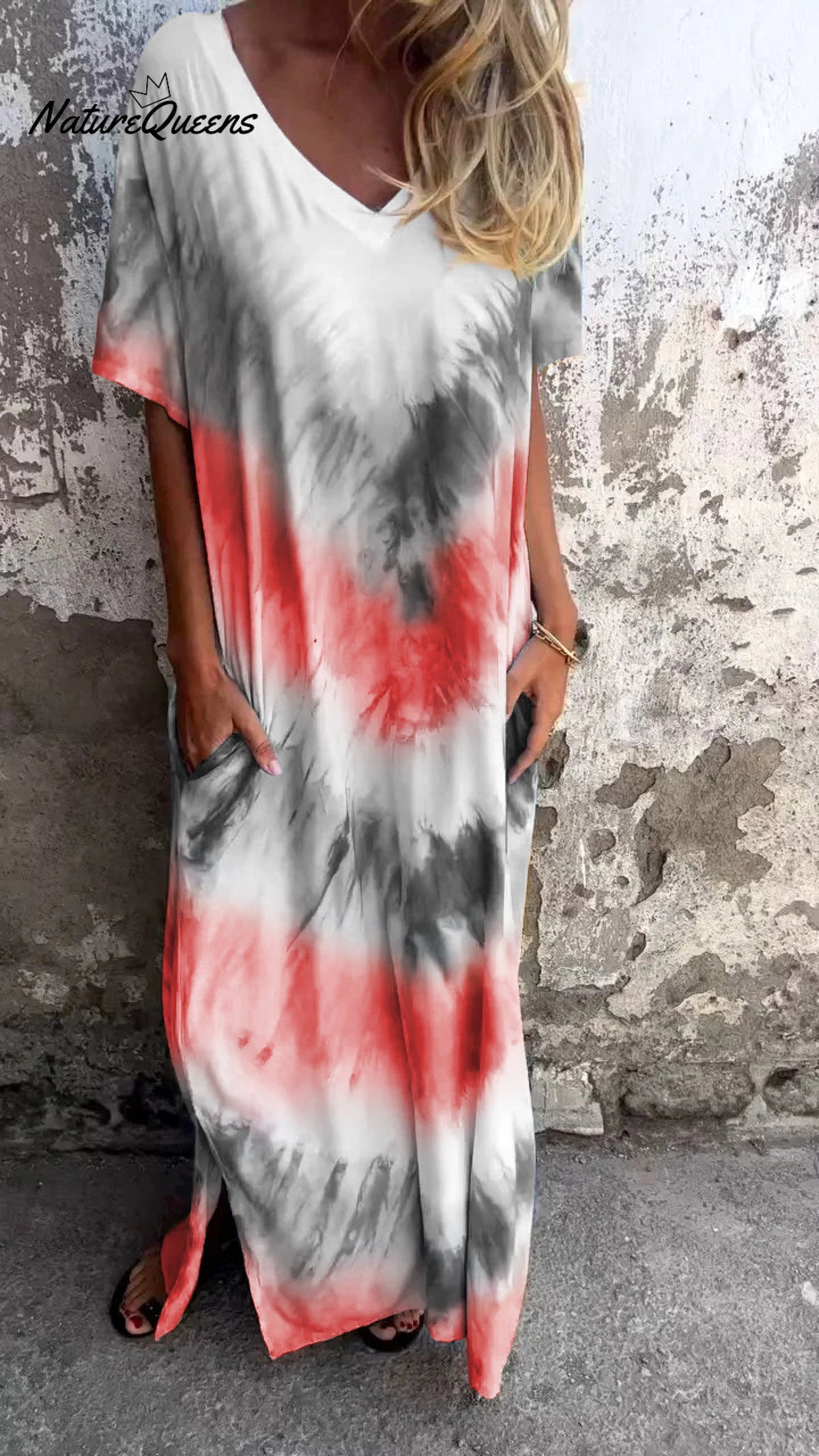 Tie - Dye V - Neck Long Comfortable Dress Red / S(Us 6 - 8)