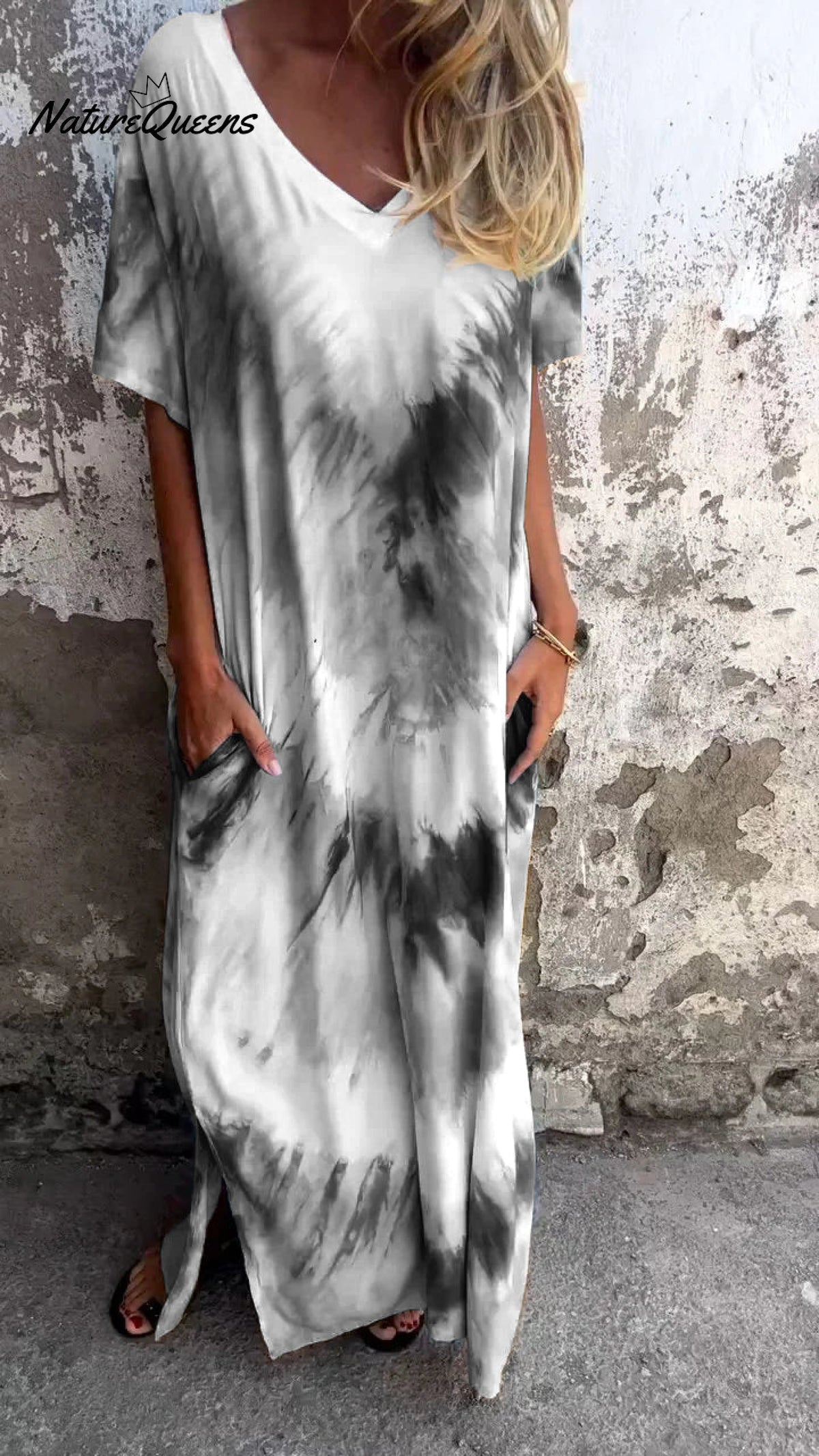 Tie - Dye V - Neck Long Comfortable Dress Gray / S(Us 6 - 8)
