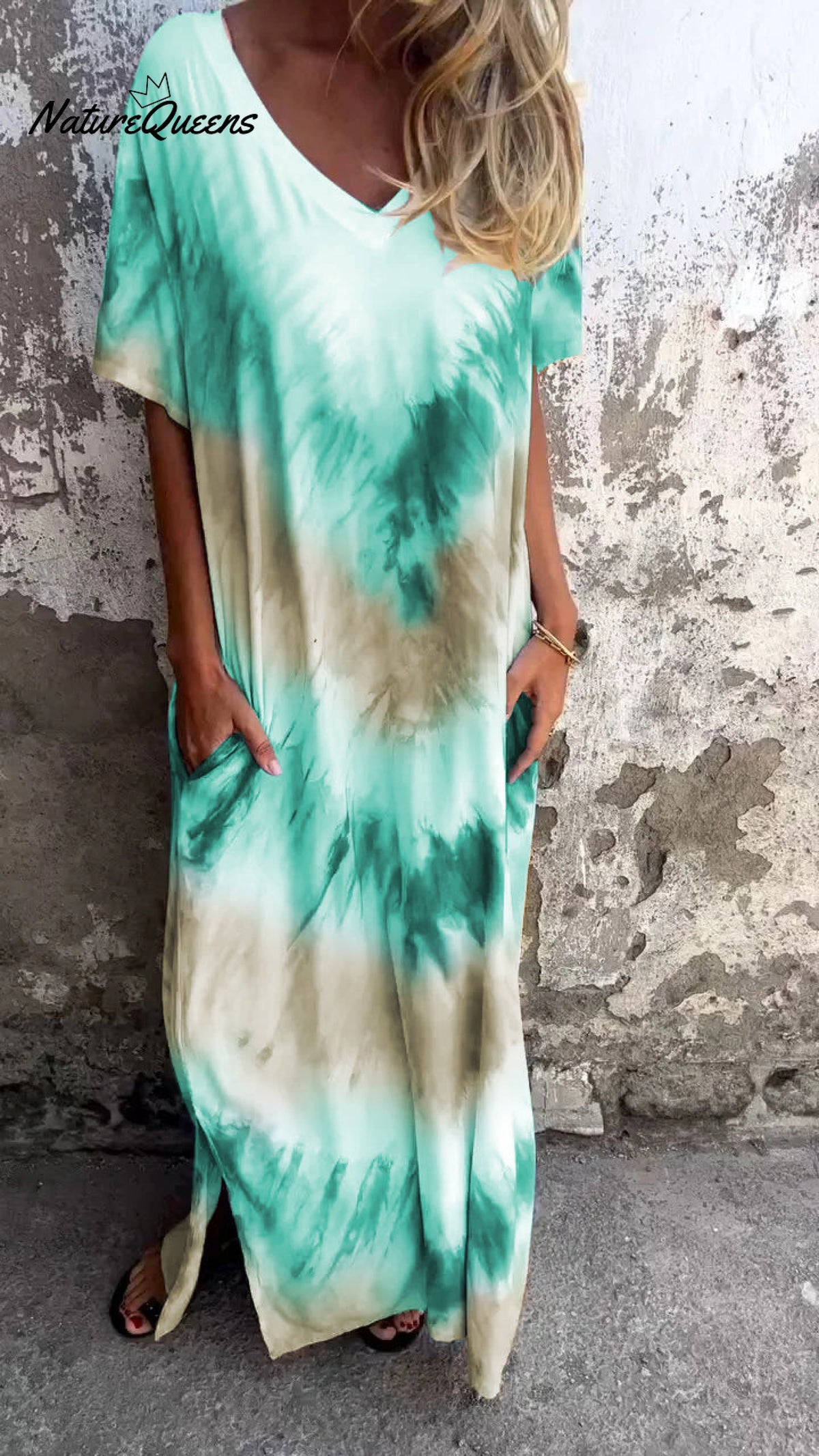 Tie - Dye V - Neck Long Comfortable Dress Cyan / S(Us 6 - 8)