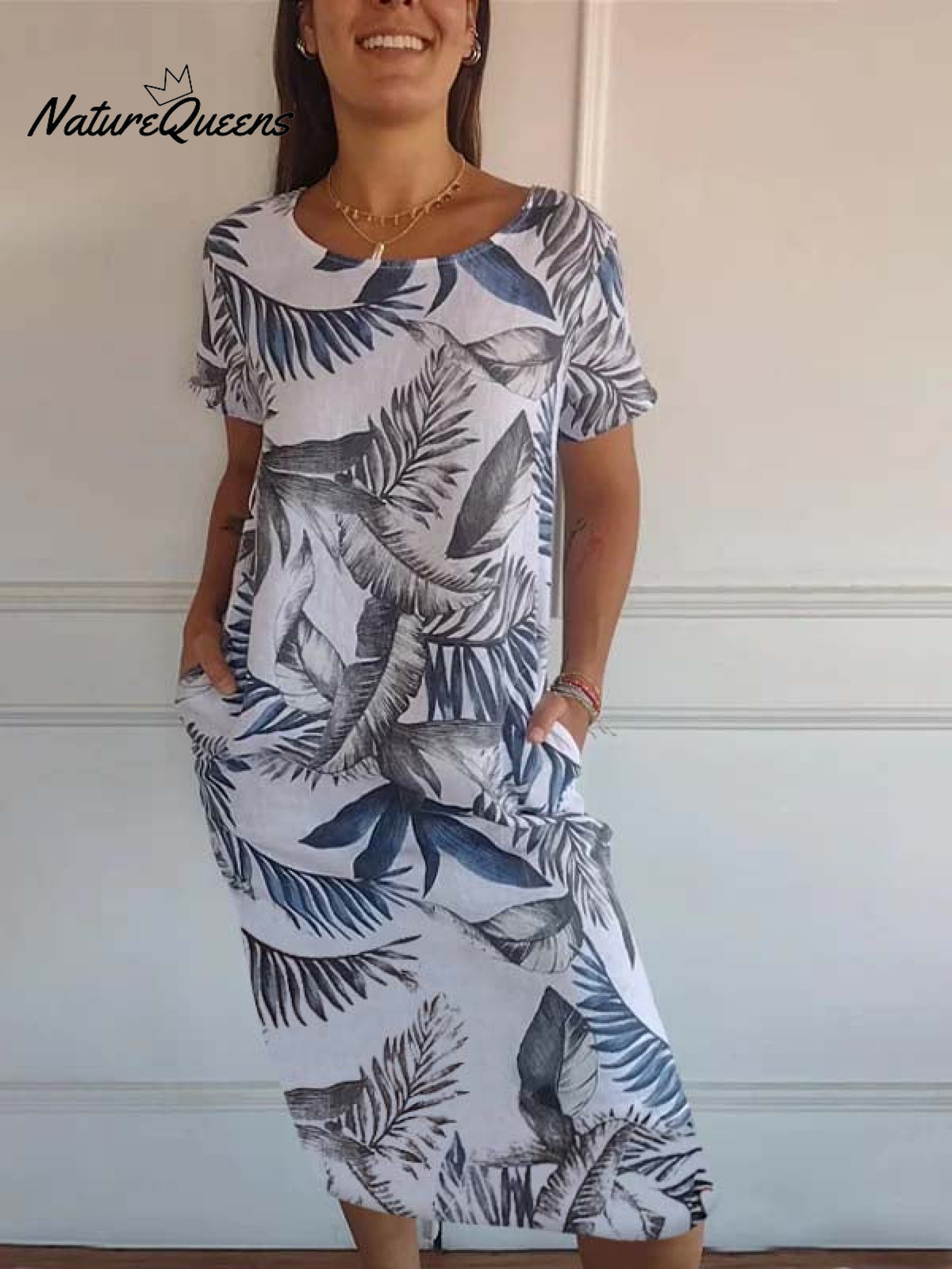 Women’s Cotton And Linen Round Neck Printed Dress White - Short Sleeves / S(Us 6 - 8) Long Dress