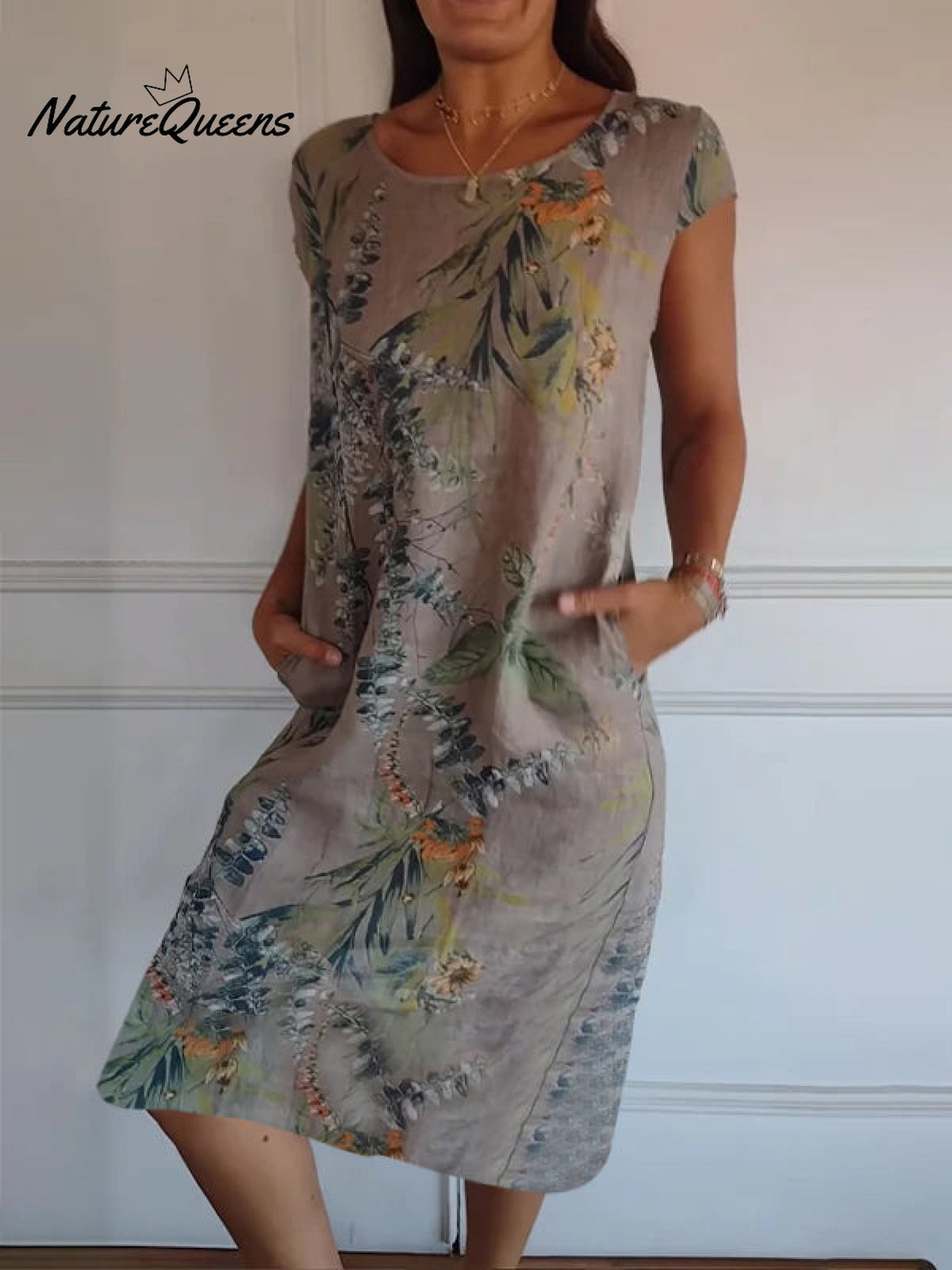 Women’s Cotton And Linen Round Neck Printed Dress Brown / S(Us 6 - 8) Long Dress