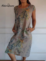 Women’s Cotton And Linen Round Neck Printed Dress Brown / S(Us 6 - 8) Long Dress