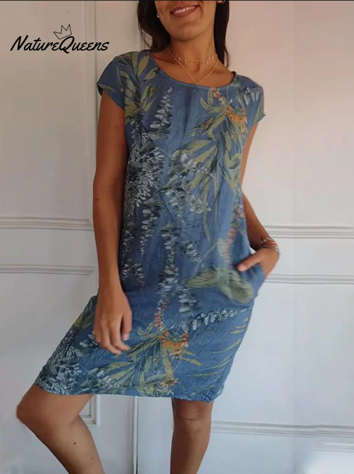 Women’s Cotton And Linen Round Neck Printed Dress Blue / S(Us 6 - 8) Midi Dress