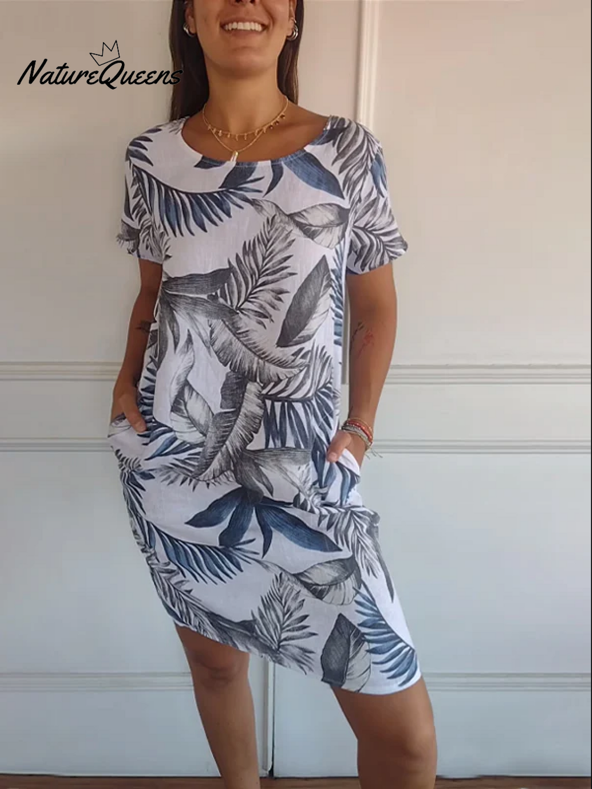 Women’s Cotton And Linen Round Neck Printed Dress White - Short Sleeves / S(Us 6 - 8) Midi Dress