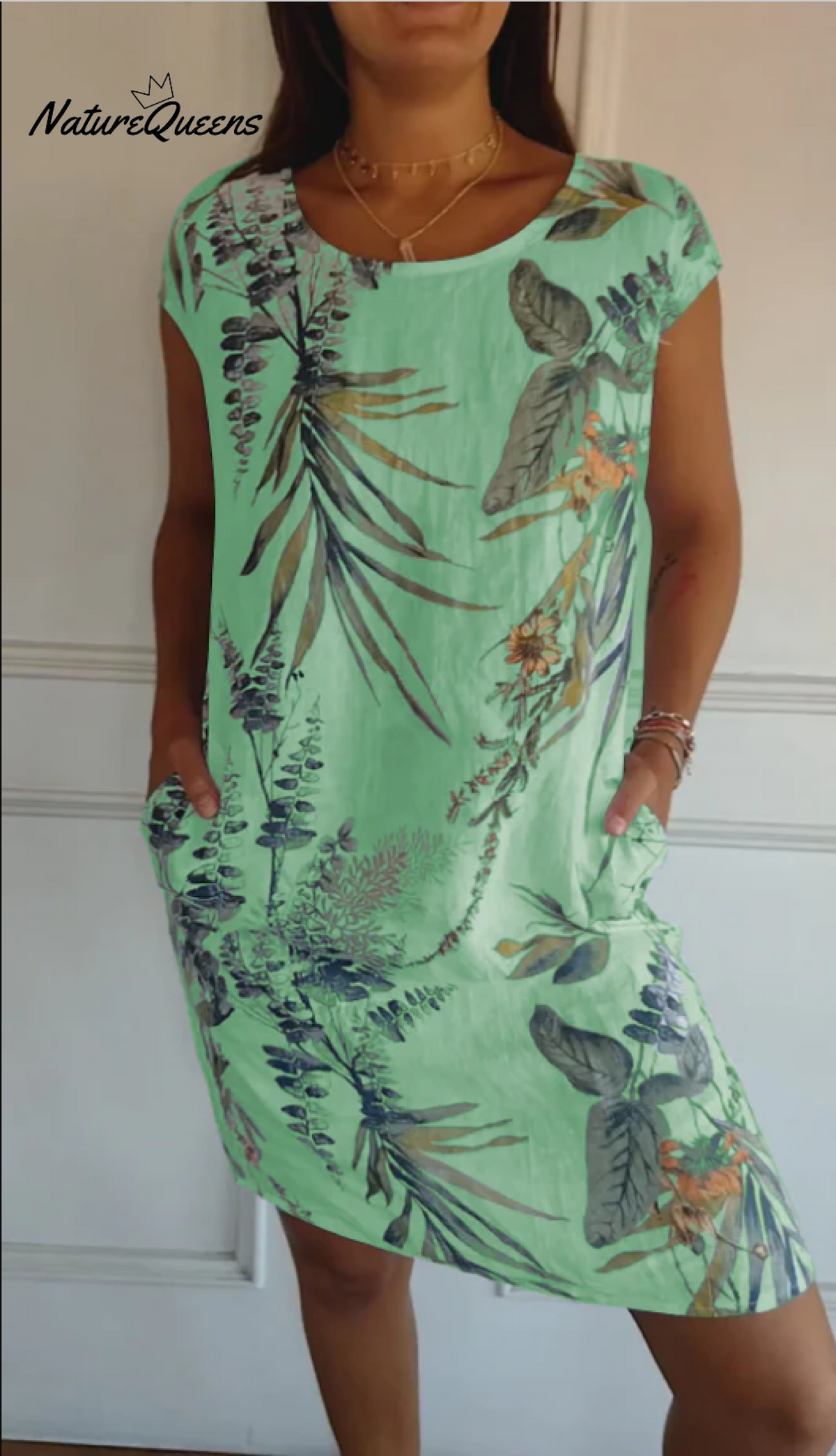 Women’s Cotton And Linen Round Neck Printed Dress Green / S(Us 6 - 8) Midi Dress
