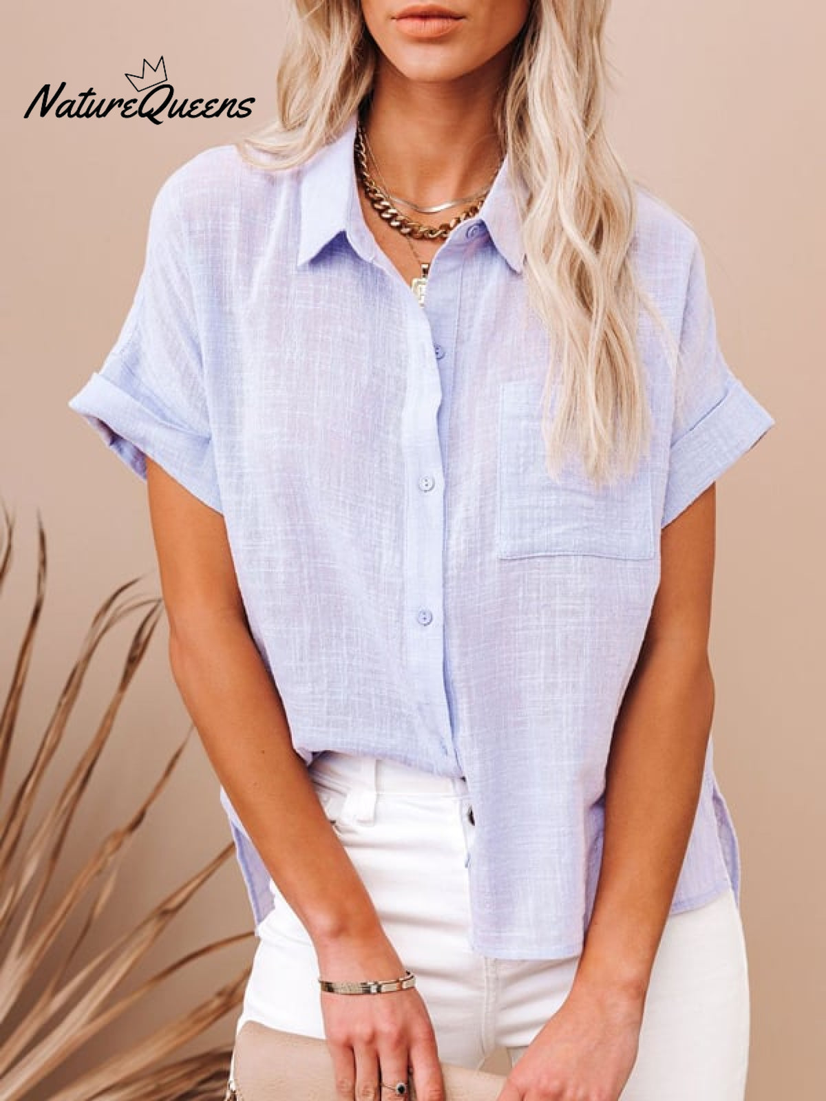 Women’s Cotton Linen Short Sleeves Ladies Lapel Buttoned Shirt