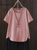 Women’s Solid Color Cotton And Linen Round Neck Button Short Sleeve Irregular Slit At Hem Blouse