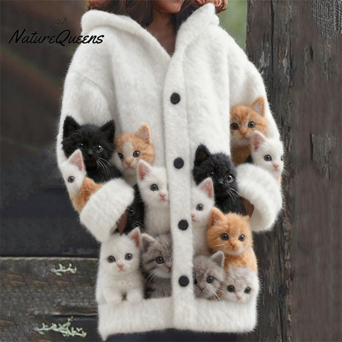 Lovely Fuzzy Cats Cozy Knit Hooded Cardigan