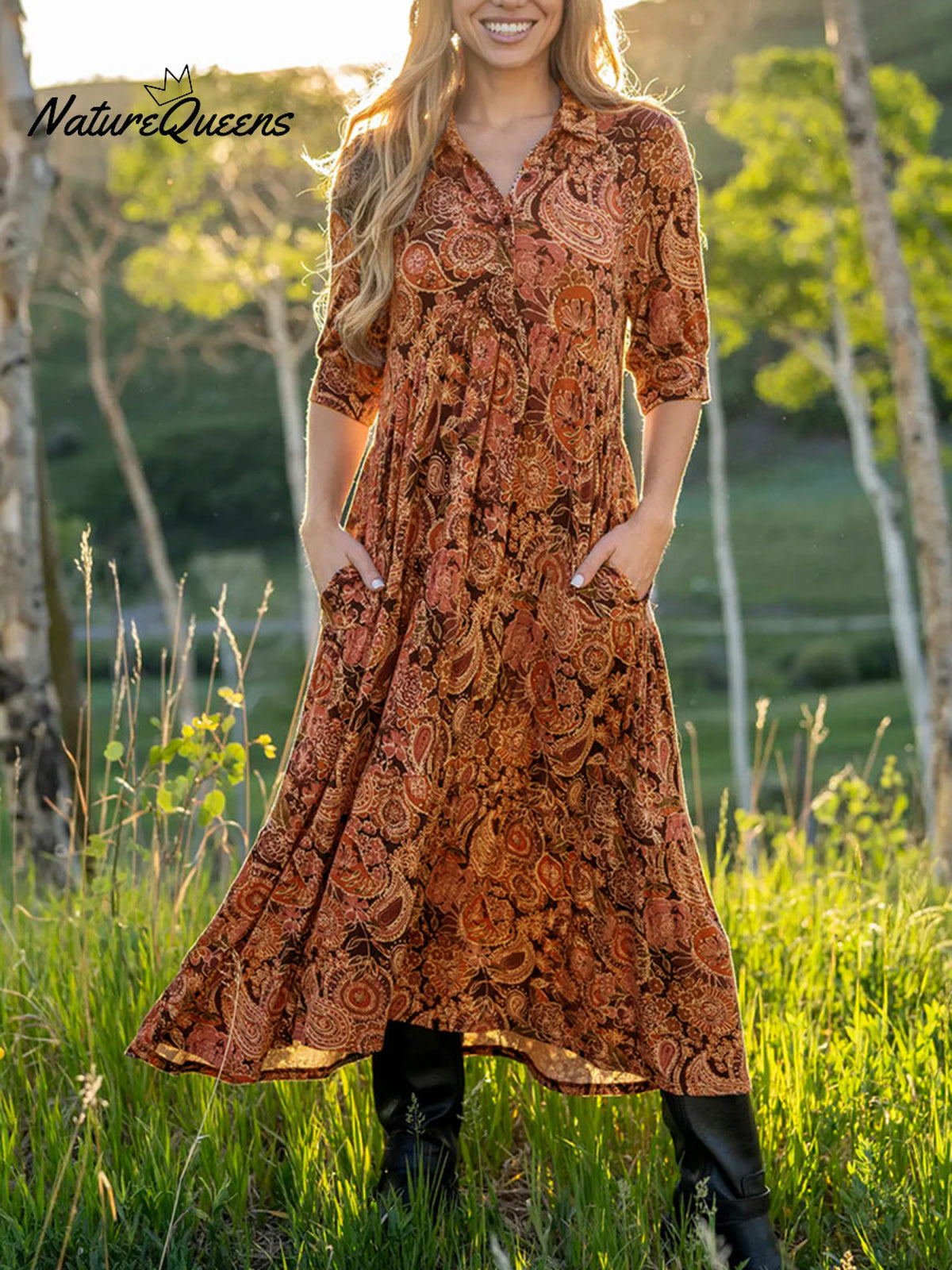 Comfortable Paisley Print Shirt Midi Dress